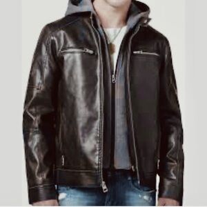 Guess Jacket Faux Leather Motorcycle Zip Out Hoodie Poly/Cotton Quilted Lining L